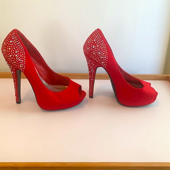 Rhinestone-red peep toe heels ❤️ - Picture 2 of 5